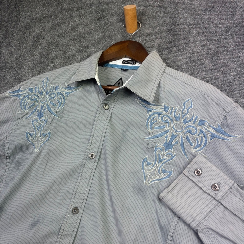 Roar Shirt Mens Large Grey Delphi Embroidered Pinstripe Button Down W211950